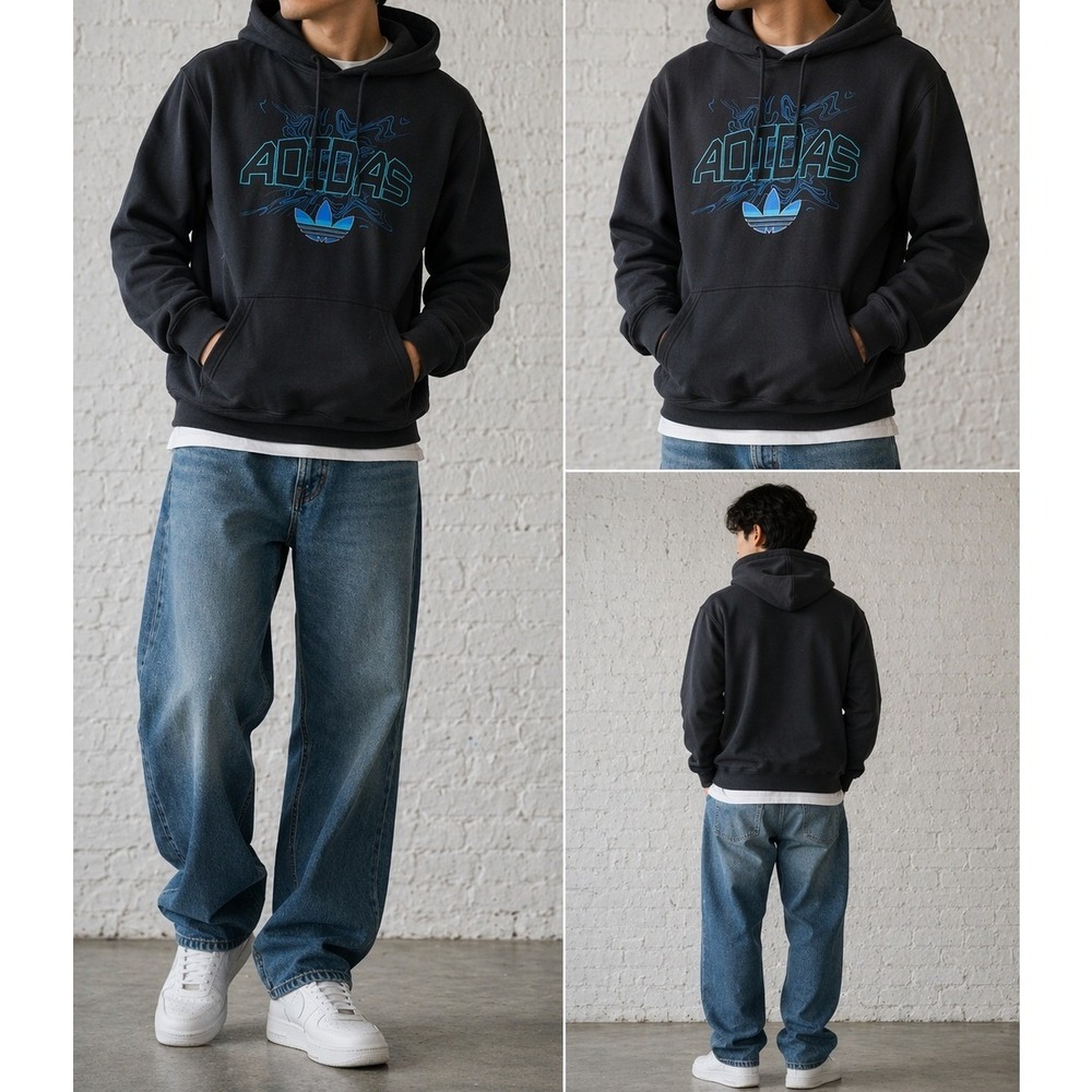 Adidas Originals Mens Trefoil Graphic Hoodie Black Blue Fleece Sweatshirt Small